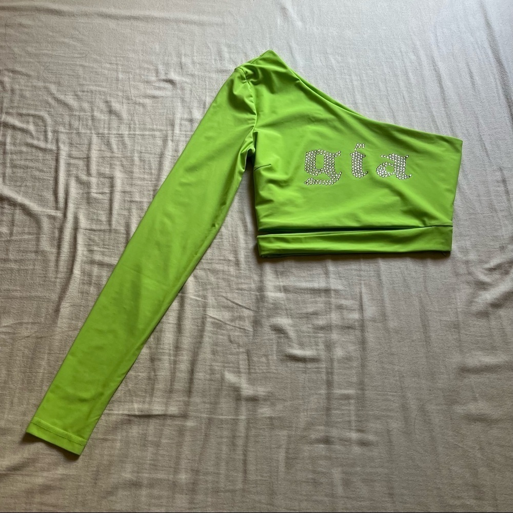 I.AM.GIA‎ Green Knit One Shoulder Crystal Rhinestone Beaded Cutout Logo Top